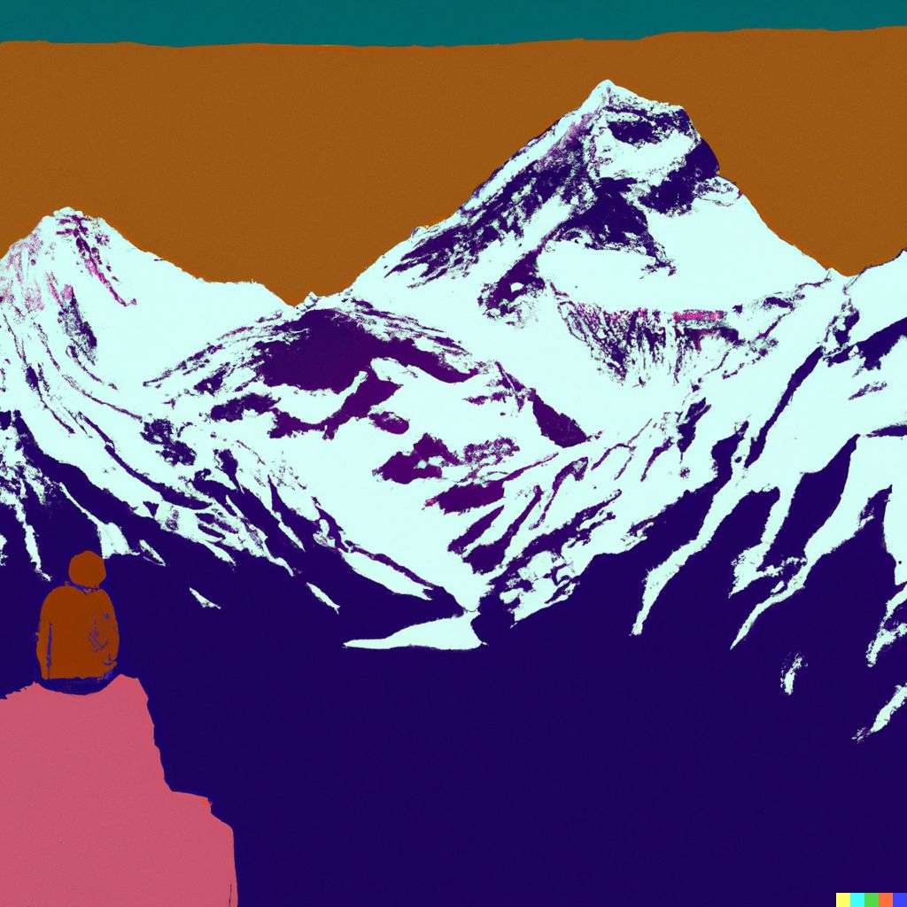 someone gazing at Mount Everest, painting, two color